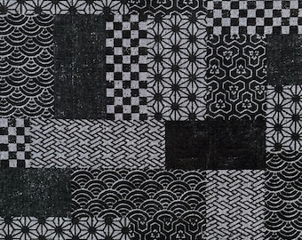 Japanese tradional patch pattern on black, Sold by the half yard, Japanese cotton dobby fabric,