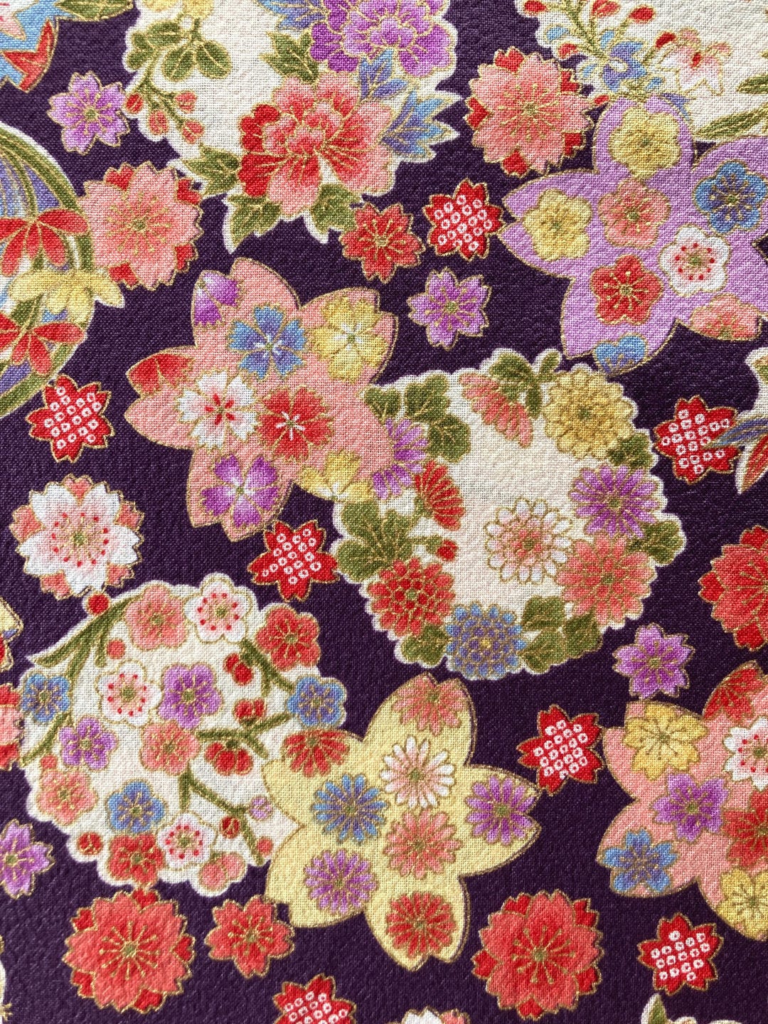 Japanese Floral Pattern on Purple Background, Japanese Cotton Fabric ...