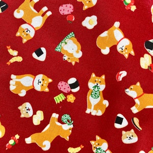 Shiba-Inu and Onigiri (rice balls) on red background, Japanese cotton fabric, sold by the 1/2 yard,