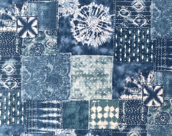 Shibori tie-dye patch pattern with sashiko prints, Japanese cotton fabric, sold by the half yard,