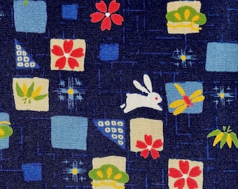 Rabbits and cherry blossoms and Japanese lucky symbols on navy background, Japanese cotton fabric, sold by the half yard,