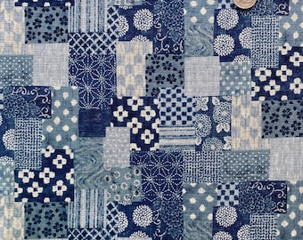 Patchwork design of traditional Japanese patterns and flowers, Sold by the half yard, Cotton uneven yarn, Nara homespun,