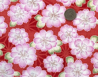 Cherry blossoms on red background, Japanese cotton fabric, sold by the half yard, Sakura fabric