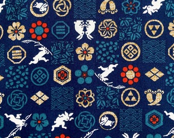Rabbits and Japanese motif on navy background, Japanese cotton fabric, sold by the 1/2 yard,