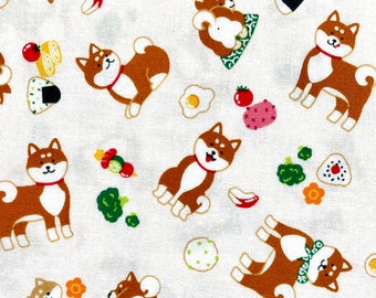 Shiba Inu en Onigiri (rijstballen) op witte achtergrond, Japanse katoenen stof, verkocht gesneden op maat,