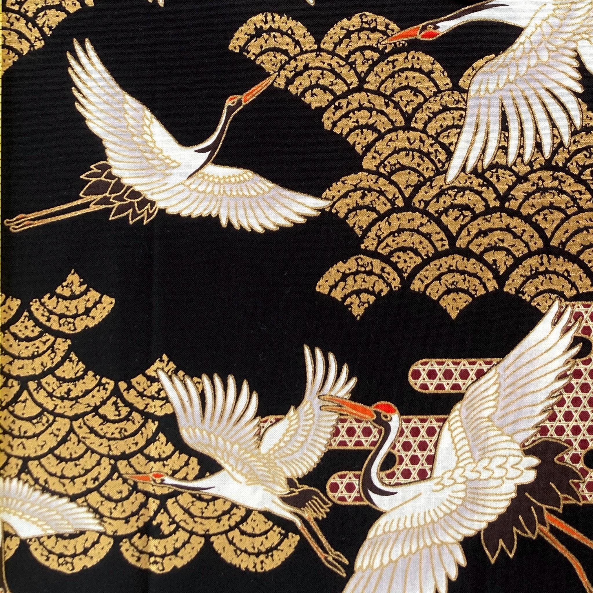 Red-crowned cranes and gold waves on black background, Japanese cotton fabric, sold by the half yard,