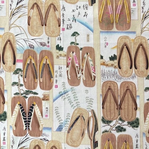 Japanese clogs and straw sandals printed cotton fabric, Japanese cotton fabric, sold by the half yard,
