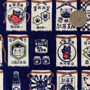 Cat aprons and Japanese sweets on navy background, Japanese cotton fabric, sold by the half yard, Japanese cat fabric,