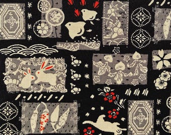 Rabbits, cats, birds and flowers on black background, Japanese cotton fabric, sold by the half yard,