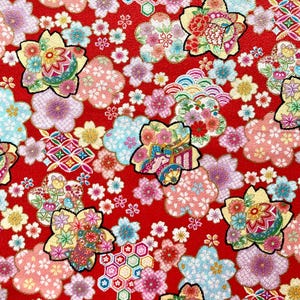 japanisches Blumenmuster auf rotem Hintergrund, japanischer Baumwollstoff, 1/2 Meter,
