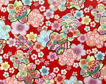 Motivo floreale giapponese su sfondo rosso, tessuto di cotone giapponese, venduto a 1/2 iarda,