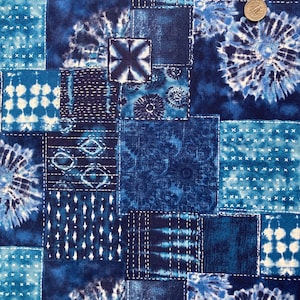 Shibori tie-dye patch pattern with sashiko prints, Japanese cotton fabric, sold by the half yard,