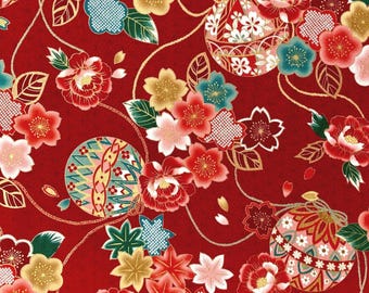 Motivo floreale giapponese su sfondo rosso, tessuto di cotone giapponese, venduto a mezzo metro, tessuto giapponese Sakura,