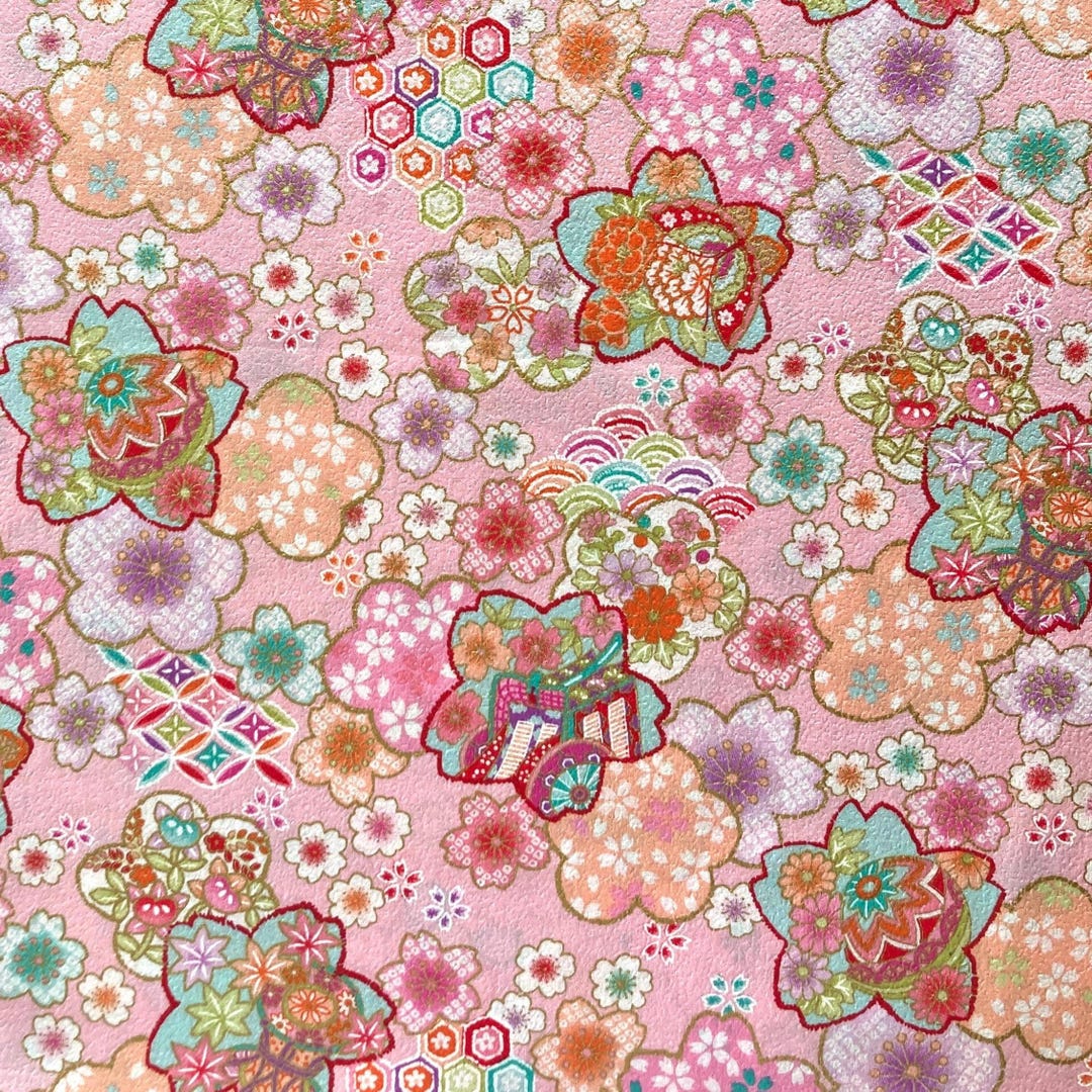 Japanese Floral Pattern on Pink Background, Japanese Cotton Fabric ...