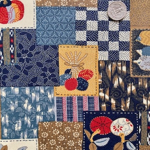 May include: A patchwork fabric with a variety of patterns and colors. The design includes squares with floral, geometric, and abstract motifs in shades of blue, brown, red, and white. A quarter coin is included for scale.