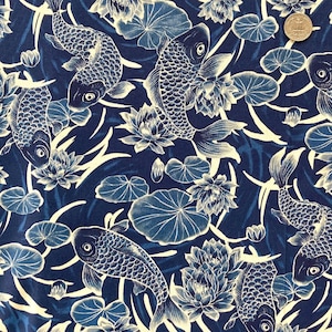 Blue Koi fish in a lotus pond, Japanese cotton fabric, sold by the half yard,
