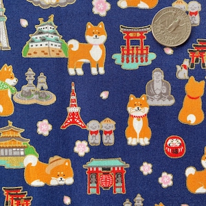 Shiba Inu and Japanese landmarks on blue background, Japanese cotton fabric, sold by the half yard, Shiba-dog,