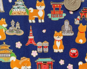 Shiba Inu en Japanse bezienswaardigheden op blauwe achtergrond, Japanse katoenen stof, verkocht gesneden op maat, Shiba-hond,
