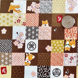 Brown checkerboard with Shiba Inu, cherry blossoms and Japanese pattern, Japanese cotton fabric, sold by the half yard