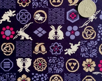 White rabbit and Japanese motif on dark purple background, Japanese cotton fabric, sold by the half yard,