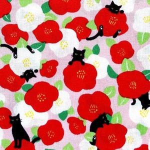 Chats noirs et camélias sur fond rose, tissu en coton japonais, vendu par demi-mètre,