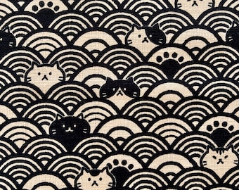 Cat and Seigaiha (Ocean Wave) on beige background, Japanese cotton fabric, solid by the half yard,