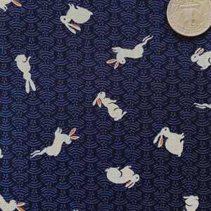 May include: A dark blue fabric featuring a repeating pattern of off-white rabbits with orange-tipped ears, set against a background of small, arched wave-like lines. A silver-coloured United States quarter coin is visible in the top right corner.