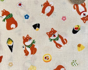 Japanse katoenen stof Shiba Inu en sushi - ivoor (halve meter)