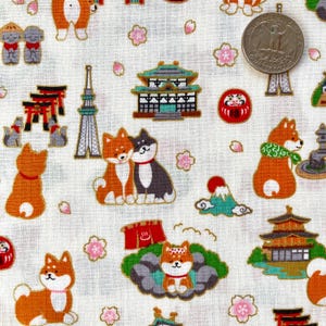 Shiba Inu and Japanese landmarks on white background, Japanese cotton fabric, sold by the half yard, Shiba-dog,