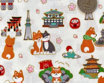 Shiba Inu en Japanse bezienswaardigheden op witte achtergrond, Japanse katoenen stof, verkocht gesneden op maat, Shiba-hond,