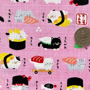 Sushi-Katzen auf rosa Hintergrund, japanischer Baumwoll-Dobby-Stoff, halber Meter, kawaii Neko-Stoff,