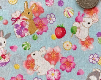 Rabbits, cherry blossoms and Japanese sweets on blue background, Japanese cotton fabric, sold by the half yard, Usagi,