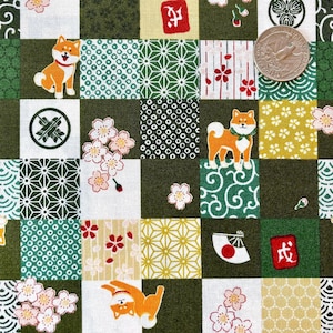 Green checkerboard with Shiba Inu, cherry blossoms and Japanese pattern, Japanese cotton fabric, sold by the half yard