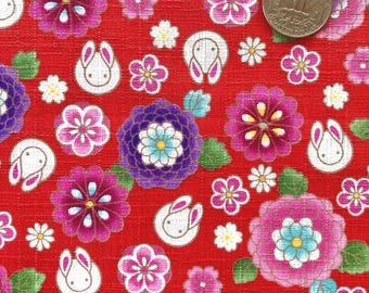 Rabbits and flowers fabric, Japanese cotton dobby fabric, sold by the half yard,