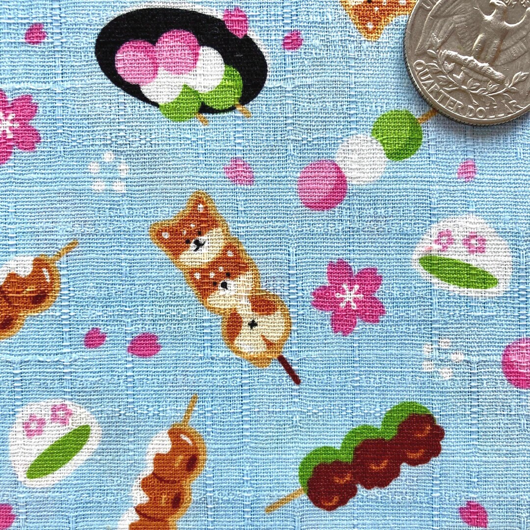 Shiba Inu Kushi-dango Cotton Dobby Fabric, Japanese Sweets, Light Blue ...