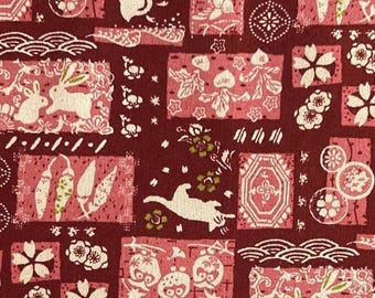 Rabbits, cats, birds, and flowers on red background, Japanese cotton fabric, sold by the half yard,