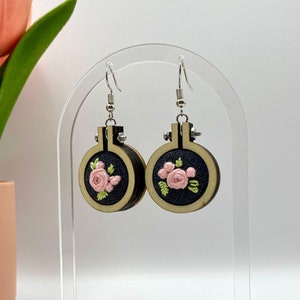 Handmade Embroidered Earrings - Floral Pink Rose Earrings Hand Embroidery - Mini Embroidery Hoop - Gift for Her