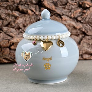 May include: A light blue pet urn with a lid, adorned with a string of white beads and gold charms. The urn features a heart-shaped photo frame with a pet's image, the word "Angel", and a paw print. The text "Post a photo of your pet" is also visible.