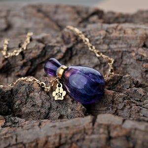 Puede incluir: Un collar de cadena dorada con un colgante morado en forma de l&aacute;grima. El colgante tiene una tapa dorada y un peque&ntilde;o dije dorado con forma de huella de pata con la letra "M". El collar descansa sobre una superficie marr&oacute;n texturizada.