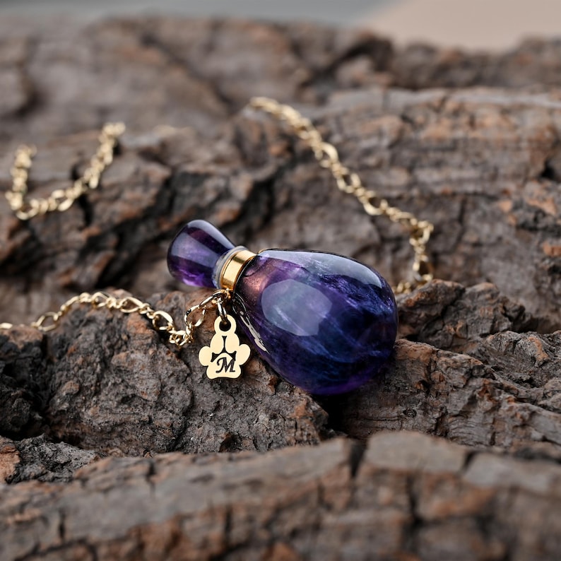 Puede incluir: Un collar de cadena dorada con un colgante morado en forma de l&aacute;grima. El colgante tiene una tapa dorada y un peque&ntilde;o dije dorado con forma de huella de pata con la letra "M". El collar descansa sobre una superficie marr&oacute;n texturizada.
