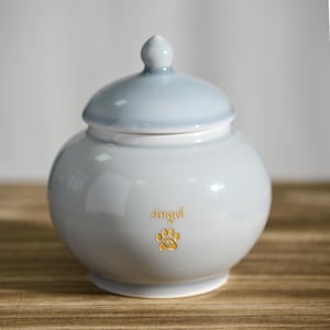 Peut inclure: Urne funéraire pour animaux de compagnie en céramique, avec couvercle bleu clair et base blanche. L'urne est ronde, avec une empreinte de patte dorée et le mot "Angel" en lettres dorées. Posée sur une surface en bois.