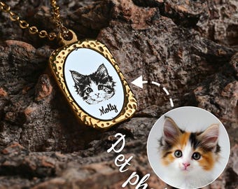 Op de afbeelding: Een goudkleurige rechthoekige hanger aan een ketting met een textuurrand en een wit middenstuk. Het middenstuk toont een zwart-witte gravure van een kattengezicht met de naam Molly eronder, naast een ronde foto van een kat.