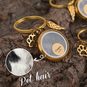 Peut inclure: Porte-clés dorés pour souvenirs de poils d'animaux avec des breloques en forme de pattes et d'ailes. Le porte-clés comporte un médaillon rond contenant des poils d'animaux, avec le nom "Cooper" et une date sur un petit cercle doré. Le texte "Pet hair" est écrit en blanc.