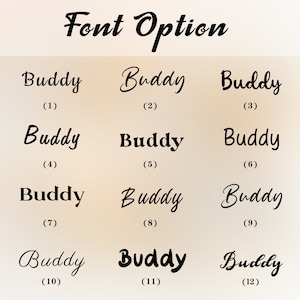 Pu&ograve; includere: Dodici diverse opzioni di font per la parola "Buddy" visualizzate in una griglia. Ogni font &egrave; numerato da 1 a 12.