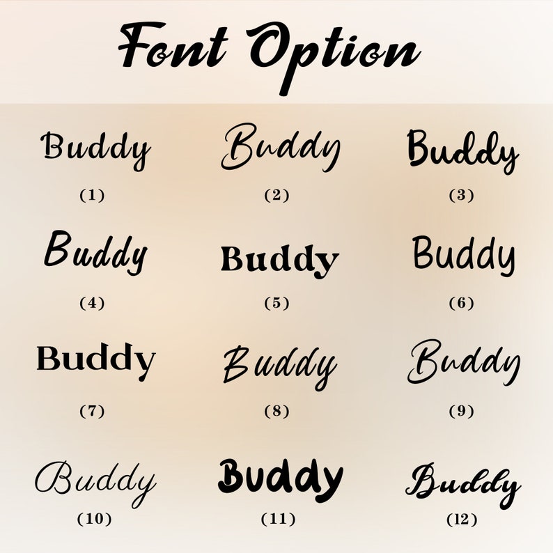Pu&ograve; includere: Dodici diverse opzioni di font per la parola "Buddy" visualizzate in una griglia. Ogni font &egrave; numerato da 1 a 12.