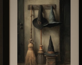Vintage Witch Hat & Broom Print: Gotycka sztuka ścienna na Halloween (do pobrania w wersji cyfrowej)