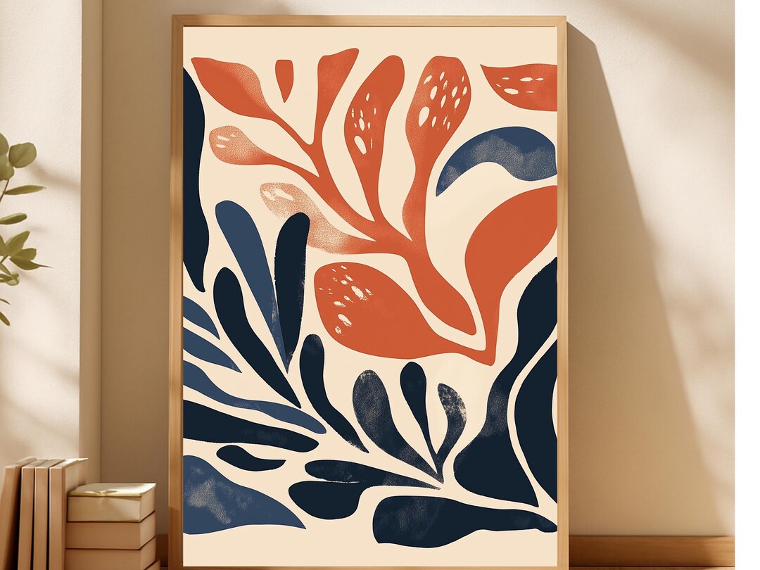 Midcentury Modern Abstract Print, Terracotta and Navy Digital Wall Art ...