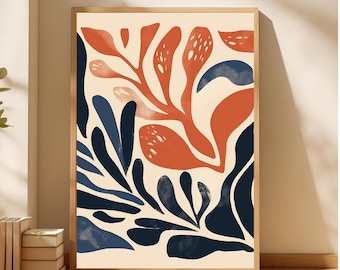 Midcentury Modern Abstract Print, Terracotta and Navy Digital Wall Art, Minimalist Boho Scandinavian Artwork