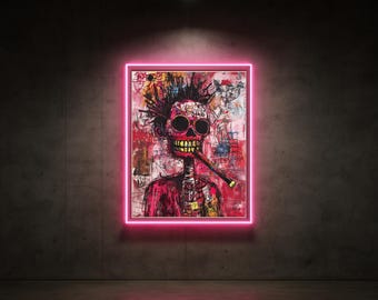 May include: Abstract art print of a skeleton smoking a cigar, framed with a neon pink light. The artwork features a red and pink color palette with black accents. The skeleton has a mohawk and a yellow-toothed grin.