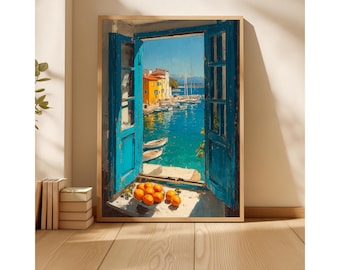 Mediterranean Window View Print, Coastal Harbor Digital Wall Art, Kitchen Oranges Seaside Painting